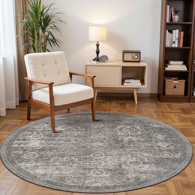 4ft Circle Rug, Soft Round Rug, Washable Non Slip Boho Area Rug for Living Room, Bedroom, Dining Room, Entryway, Round Rugs for Home, Patio, Office, Kids Room, Coral(Grey/Taupe)