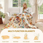 Boho Throw Blanket - 60"x80" 100% Cotton Ultra Soft Lightweight Blanket, 4-Layer Breathable Muslin Spring Blankets for Bed Couch, Reversible Green Floral Bird Printed Bohemian Cotton Quilt