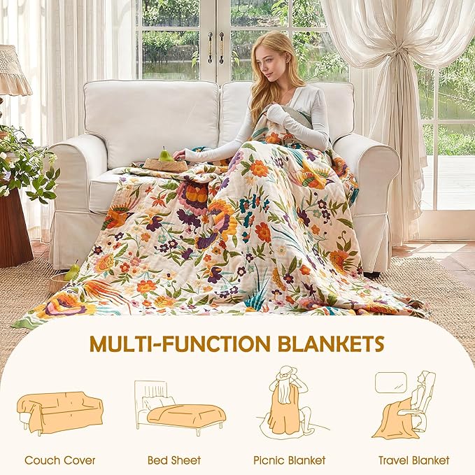 Boho Throw Blanket - 60"x80" 100% Cotton Ultra Soft Lightweight Blanket, 4-Layer Breathable Muslin Spring Blankets for Bed Couch, Reversible Green Floral Bird Printed Bohemian Cotton Quilt