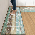 Arttown Farmhouse Teal Anti-Fatigue Kitchen Rug Set of 2 Wood Brown Black Vintage Cushioned Floor Standing Mat Waterproof Non-Slip Kitchen Mat and PVC Ergonomic Comfort Foam Rug