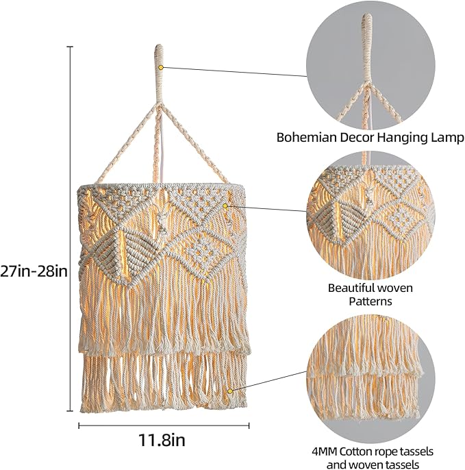 Bioaqua Boho Lamp Shade,Boho Hanging Lamp Handmade Macrame Lamp Shade Plug in Pendant Light,Bohemian Hanging Lights with Plug in Cord Light Fixtures for Boho Bedroom Decor Living Room (Type6)