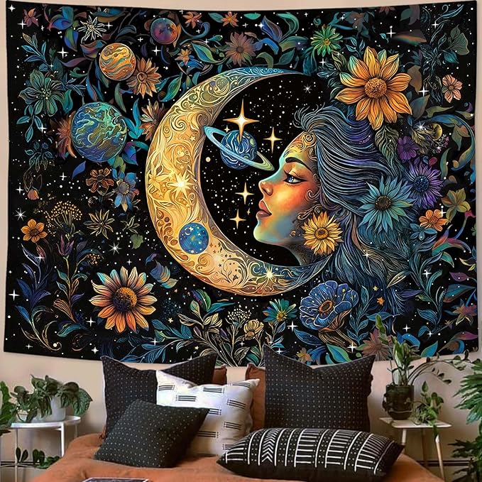 Accnicc Sun and Moon Tapestry for Bedroom Hippie Boho Floral Flower Plant Wall Tapestry Aesthetic Vintage Galaxy Celestial Star Spiritual Large Tapestries Wall Hanging for Living Room Dorm 80 x 60 Inch