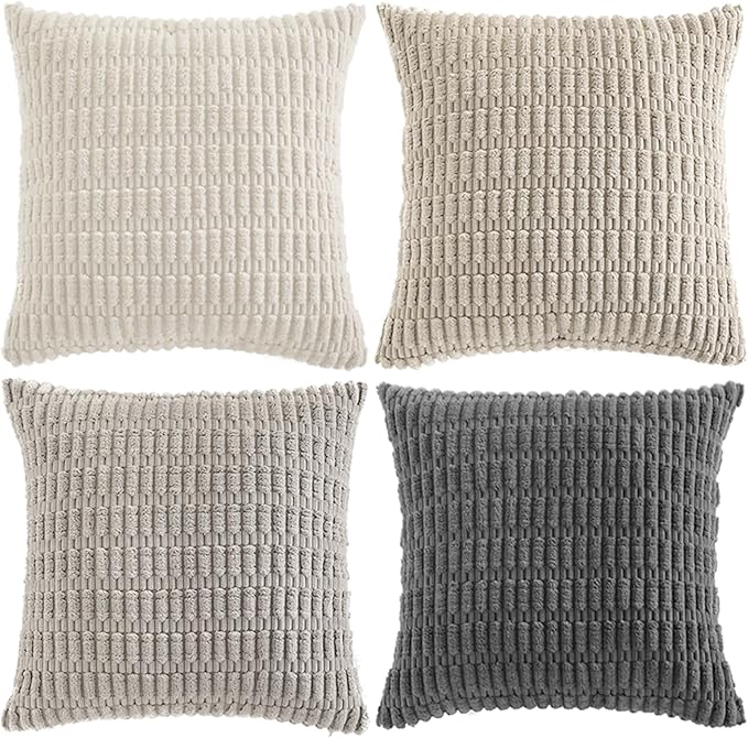 Fancy Homi Set of 4 Grey and White Decorative Throw Pillow Covers 12x12 Inch for Couch Bed Chair, Modern Farmhouse Boho Room Decor, Soft Fuzzy Double Sided Corduroy Textured Striped Cushion Case 30cm