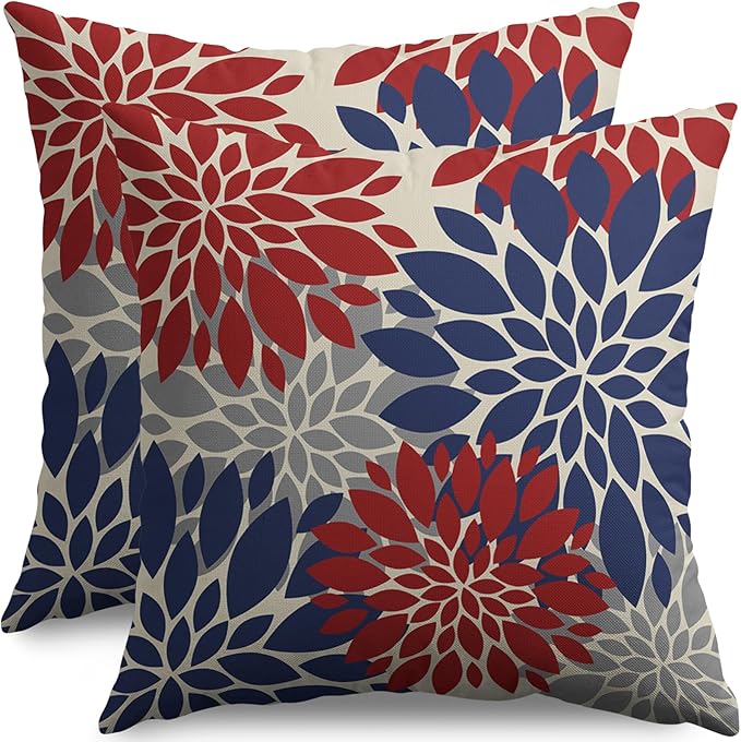 4th of July Pillow Covers 18X18 Inch Set of 2, Patriotic Blue Red Grey Modern Dahlia Floral Print Holiday Decorative Throw Pillow Covers Outdoor Farmhouse Cushion Case for Couch Sofa Bed Decor