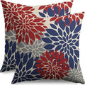 4th of July Blue Red Grey Pillow Covers 22X22 Inch Set of 2, Modern Dahlia Floral Print Decorative Throw Pillow Covers Outdoor Farmhouse Cushion Case for Home Couch Sofa Bed Decoration