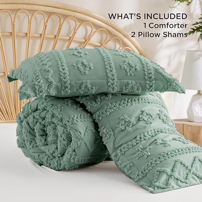 Bedsure Tufted Boho Comforter Set Queen Size - Green Boho Bed Set, GentleSoft™ 3 Pieces Farmhouse Shabby Chic Embroidery Bedding, Gifts for Woman, Soft Jacquard Queen Comforter for All Seasons