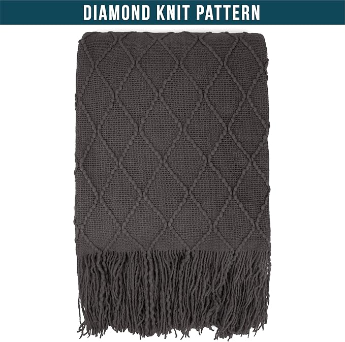 PAVILIA Dark Gray Knit Throw Blanket for Couch, Twin Bed, Soft Knitted Farmhouse Sofa Throw for Living Room, Lightweight Decorative Summer Blanket for Chair, Outdoor Textured Boho Blanket, 60x80