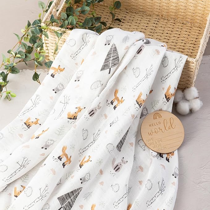 BabyWhale Muslin Swaddle Blanket with Hat and Headband Bow, Animals Print Swaddle Set for Baby Boys ＆ Girls, Newborn Soft Receiving Blanket Wrap, Owls, Foxes, Hedgehogs Pattern, 47x47 inches
