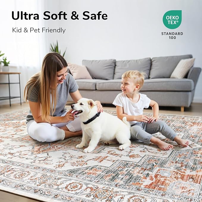 Lessymo 9×12 Area Rugs Washable for Living Room, Large Soft Indoor Rug Non-Slip for Bedroom Kitchen Dining Room Dorm Nursery, Vintage Boho Carpet Stain Resistant for Office Home Decor, Orange/White