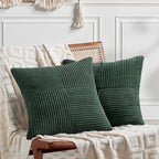 Fancy Homi Set of 2 Dark Green Decorative Throw Pillow Covers 16x16 Inch for Living Room Couch Bed, Boho Farmhouse Forest Green Home Decor, Soft Corss Corduroy Patchwork Textured Cushion Case
