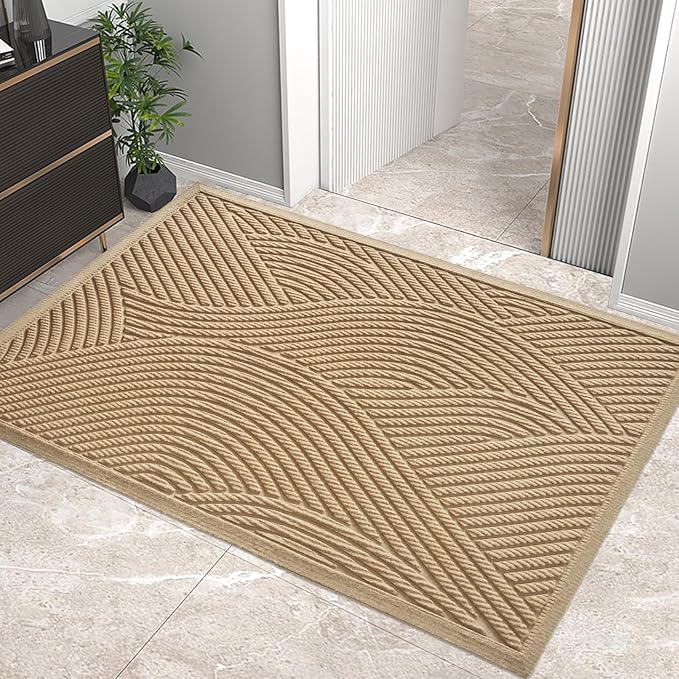 Sturdy Front Door Mat, Absorbent Muddy Dirt Resist Welcome Door Mats Outdoor Indoor, Stain and Fade Resistant, Non-Slip Backing Entry Mat Low Profile Doormat for Entryway, 72×24, Beige