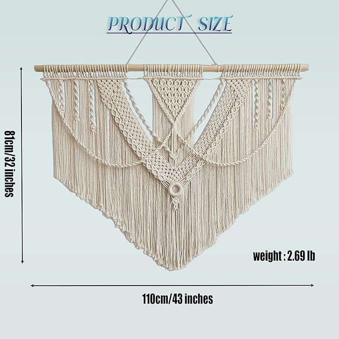 oiikain Large Handmade Boho Macrame Wall Hanging Tapestry - Chic Bohemian Woven Home Decor art for Living Room, Bedroom, and Wedding Parties (Beige, Large Sigle Triangle)