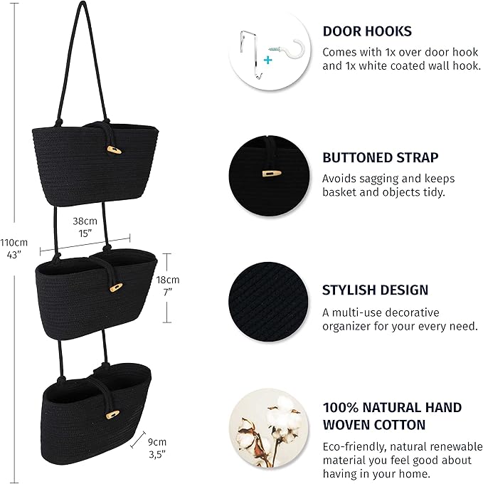 OrganiHaus Black Hanging Wall Baskets for Storage | Hanging Baskets for Bathroom Organizing | Behind Door Storage | Over the Door Basket | Nursery Storage Basket | Wall Hanging Basket for Organizing