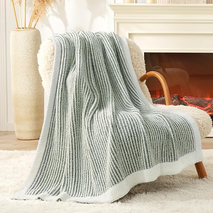 Snuggle Sac Warm Throw Blanket for Couch, Fuzzy Microfiber Knit Stripe Blankets for Couch, Sofa, Travel, Green Cream, 50x60 inches