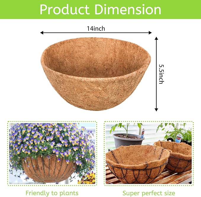 Riare 6 Pack 14 Inch Round Coco Liners Replacement, 100% Natural Coconut Coir Liners for Hanging Baskets, Garden Flower Vegetables Planter Pot, Window Box, Fence, Decks