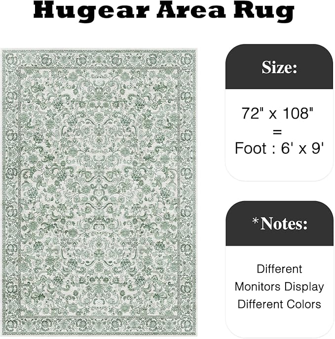 HUGEAR Green Area Rug 6x9 Machine Washable Living Room Rugs Distressed Neutral Vintage Floral Low Pile Carpet Bedroom Office Dining Room Laundry Room Non Slip Soft Lightweight