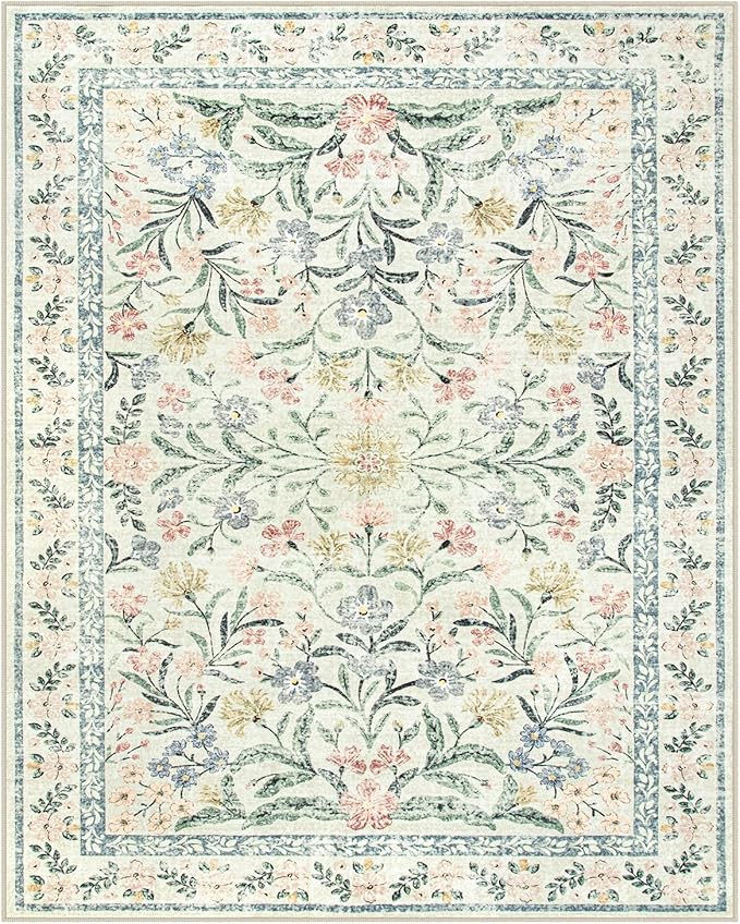 Lahome Sylvie Boho Rugs for Living Room, Washable Large 8 x 10 Area Rugs for Bedroom Non Slip, Soft Ultra-Thin Distressed Floral Throw Carpet for Office Dining Room, Cream/Multi