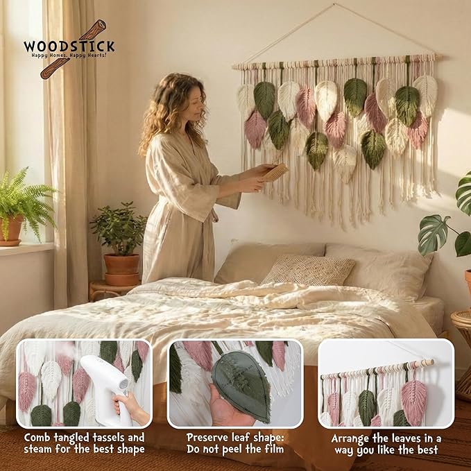 WOODSTICK Large Macrame Wall Hanging 39"W x 29.5"L - Boho Wall Decor in Beige, Old Pink & Green - Chic Woven Leaf Leaves Boho Tapestry, Handmade Cotton Fiber Art, Macrame Wall Décor, Bedroom Tapestry