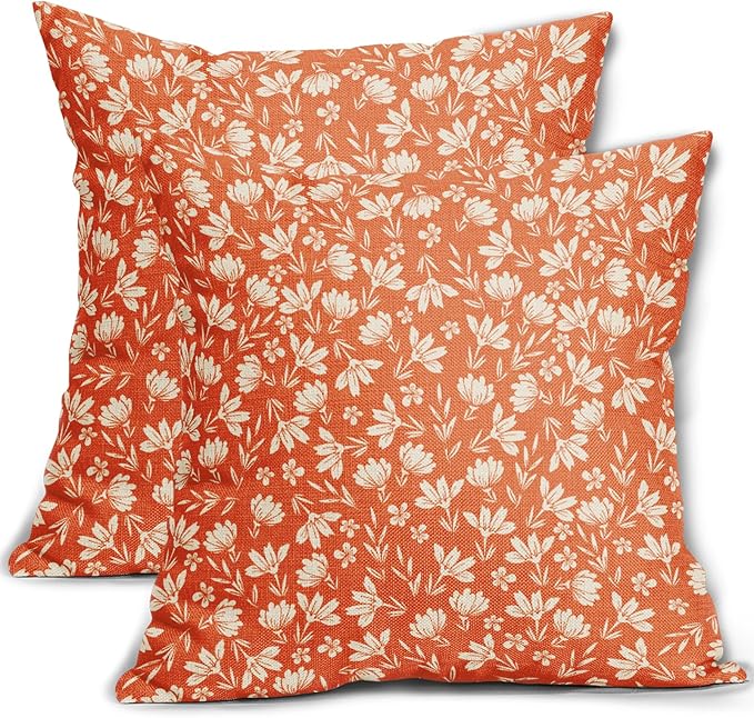 Orange Pillow Covers 16x16 Set of 2 Vintage Floral Rustic Old Style Cute Flower Print Decorative Outdoor Pillowcases Seasonal Farmhouse Throw Cushion Case Decor for Couch Sofa Bed