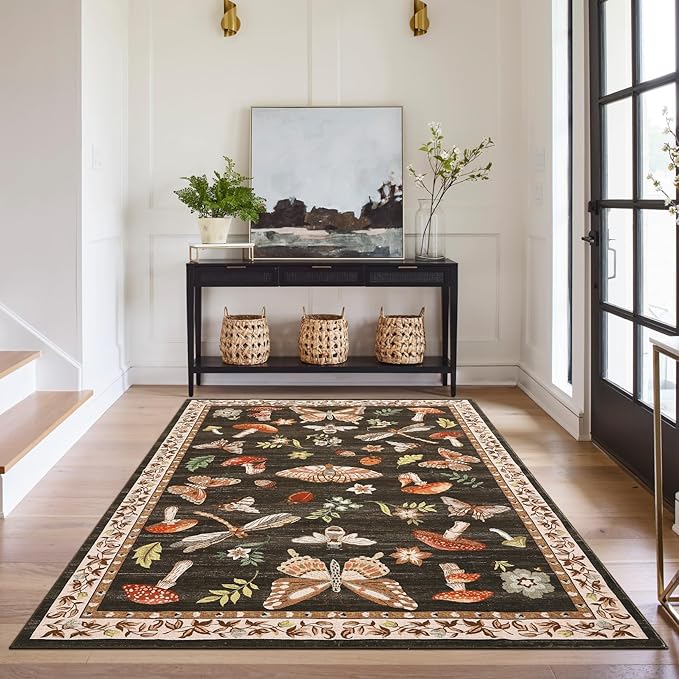 4x6 Rug Non-Slip Washable Carpet - Mushroom Soft Low-Pile Stain Resistant Foldable Rugs for Nursery Kitchen Bedroom Living Room Entryway Indoor Mat with Rubber Back Brown