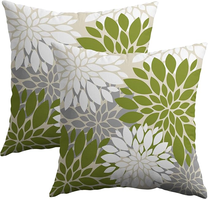 Lime Green White Grey Gray Pillow Covers 16X16 Inch Set of 2, Modern Dahlia Floral Print Decorative Throw Pillow Covers Outdoor Farmhouse Cushion Case for Home Couch Sofa Bed Decoration
