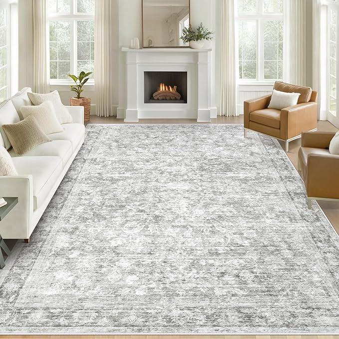9x12 Area Rugs for Living Room: Washable Large Vintage Floral Rug Low Pile Non-Slip Boho Carpet for Bedroom Dining Home Office (Grey, 9'x12')