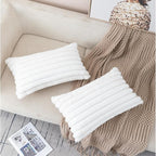 ZLINA Set of 2 Cream White Faux Fur Decorative Throw Pillow Covers Fluffy Striped Pillowcase Cushion Covers 12 x 20 Inch Decor Sofa Couch Bedroom