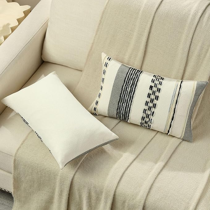 FUTEI Black White Decorative Throw Pillow Covers 12x20 Inch Set of 2, Soft Tufted Striped Textured Accent Pillow Case,Boho Pillows for Couch Decor