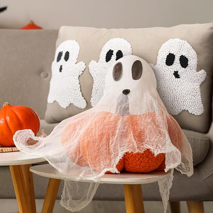 Mixweer Halloween Ghost Embroidery Decorative Pillow Covers 12 x 20 Inch, 3D Neutral Tufted Embroidery Spooky Ghost Cushion Pillow Case for Couch Home Living Room Bed Decor
