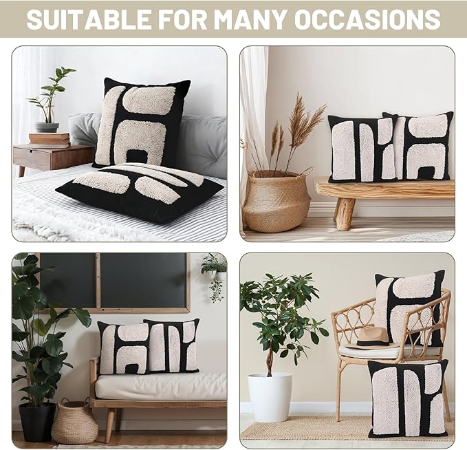 2 Pcs Black White Throw Pillow Covers Boho Chunky Tufted Pillow Cover 18 x 18 Inches Modern Woven Decorative Pillows Cases Abstract Pillows Sham for Living Room Bed Sofa Couch