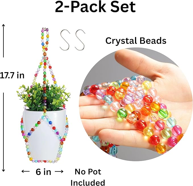 2 Pack Macrame Plant Hanger Small (6" Pot), Glass Beaded Plant Hangers Indoor Outdoor | Colorful Hanging Planters, Hanging Plants Holders | NO Pot/Plants Included (2PK, for 6 inch)