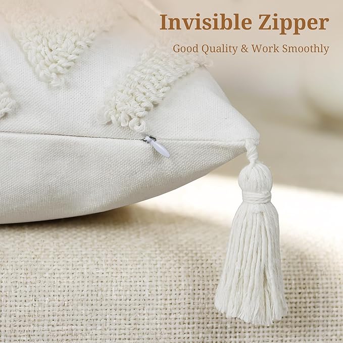 Boho Throw Pillow Covers 18x18 Inch with Tassels, White Tufted Square Bohemian Decorative Pillow Covers Set of 1, Farmhouse Woven Cushion Cases for Couch Sofa Bed Living Room Home Decor