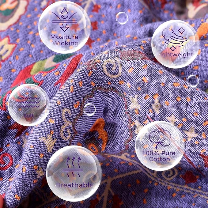 Boho Throw Blanket for Bed 100% Cotton Soft Lightweight Quilt Home Decor Purple Spring Bed Blanket,Floral Embroidery Reversible All Season Breathable Twin Throws for Sofa Couch Chair 60"x80"