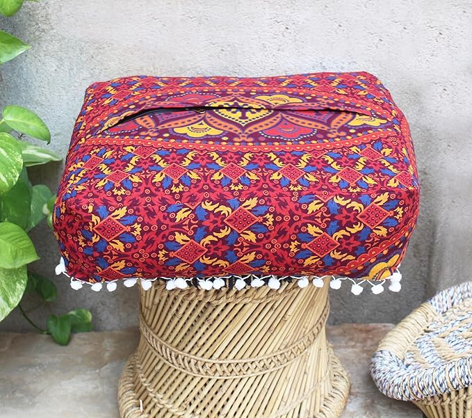 CRAFT KALA Large Hippie Mandala Meditation Floor Ottoman Pillow Cushion Pouf Cover Square Poufs Bohemian Circle Floor Cushion Case Outdoor Fireplace Yoga Living Room Decor Cover New Orange, 18" Square