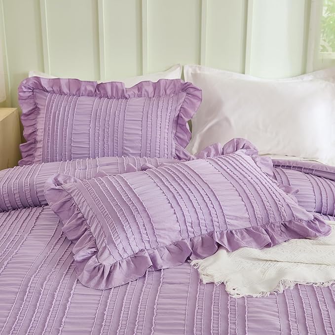 WONGS BEDDING Purple Comforter Set King,3 Pieces Ruffle Farmhouse Shabby Chic Comforter for King Bed,Soft Textured Boho Bedding Set with 1 Ruffle Comforter,2 Tufted Pillowcases 104"×90"