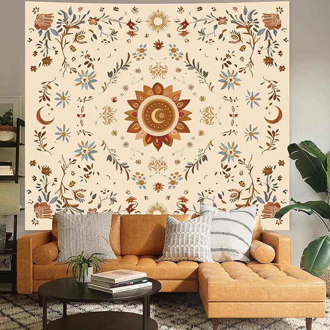 Apdidl Boho Sun Floral Tapestry Wall Hanging Bedroom Aesthetic, Bohemian Vintage Moon Girl Room Decor Tapestries, Cute India Hippie Outdoor Wall Covering for Living Room Dorm (51"X60")