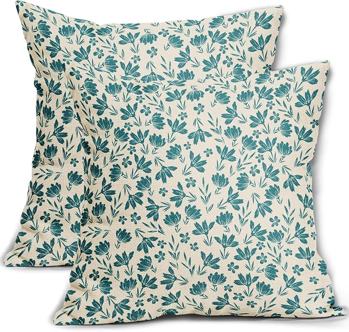 Teal Floral Pillow Covers 16x16 Set of 2 Vintage Rustic Old Style Cute Small Flower Blue Green Cream Print Decorative Outdoor Pillowcases Farmhouse Throw Cushion Case Decor for Couch Sofa Bed