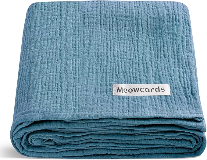 meowcards Muslin Swaddle Blankets for Baby, Unisex Baby Boys Girls Essentials, Large 47 x 47 inches, Boho Receiving Blankets Newborn Registry Must Haves (Blue, Simple)