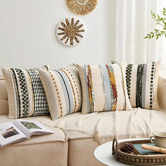 ANRODUO Pack of 1 Boho Decorative Throw Pillow Covers 18x18 Farmhouse Cushion Case Striped Chenille Pillow Cases Square Pillow Covers Accent Neutral Pillowcase for Sofa Couch Bed, Light Blue Stripe