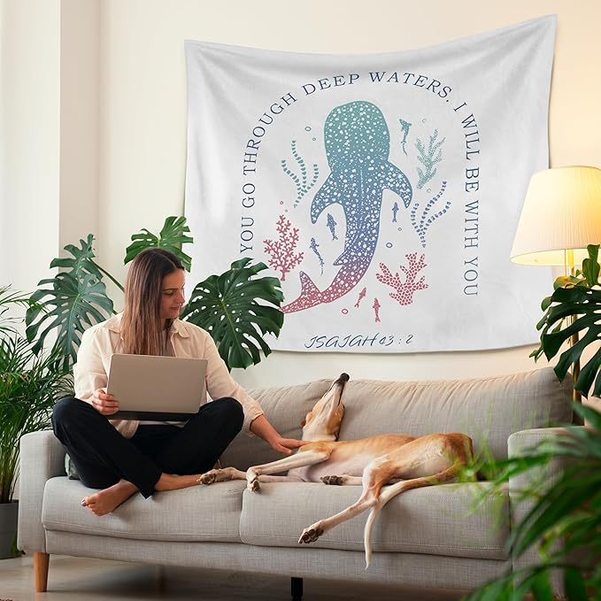 HUGANE Whale Shark Christian Tapestry, Isaiah 43:2 Bible Verse Tapestry Wall Hanging, Religious Bible Scripture Wall Blanket Backdrop Decor for Home Bedroom Living Room, 50x60 Inch,Color-A