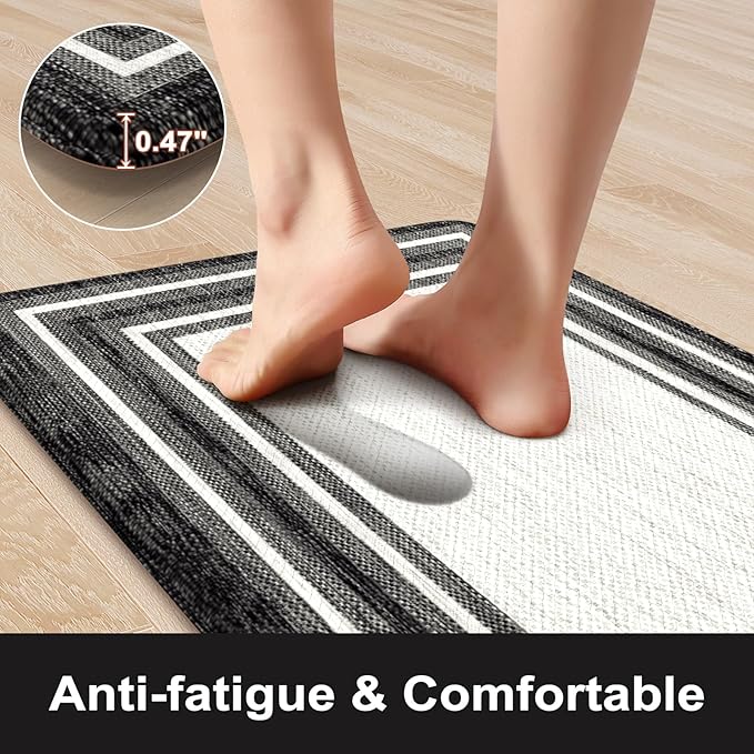 KIMODE Anti Fatigue Kitchen Mats for Floor 20"x59"+20"x32", Farmhouse Kitchen Rugs Sets of 2, Cushioned Non Slip Kitchen Mats for Floor, Comfort Kitchen Floor Mats for Sink Laundry Desk Black