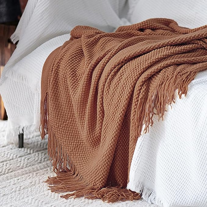 LOMAO Knitted Throw Blanket with Tassels Bubble Textured Lightweight Throws for Couch Cover Home Decor (Caramel, 60x80)
