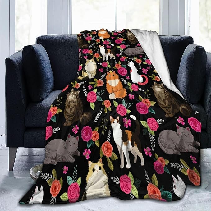 Cat Flower Throw Blanket Soft Flannel Blanket 60"x50" in Bed Blanket Home Decor for Room Sofa Couch All Season