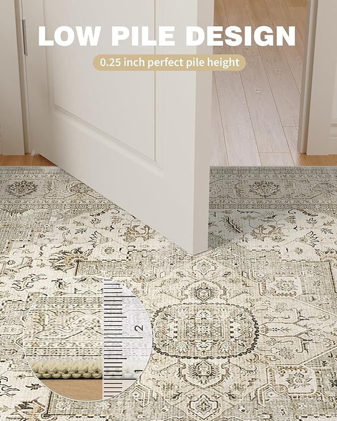 10x14 Area Rugs for Living Room - Large Washable Rug with Non-Slip Backing, Super Soft Vintage Carpet for Bedroom, Ultra-Thin Farmhouse Indoor Area Rug Home Decor (Ivory/Beige, 10'x14')