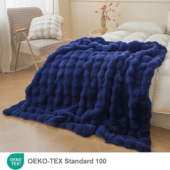 LIFEREVO Fluffy Faux Rabbit Fur Bubble Throw, Plush Shaggy Blanket for Couch Sofa Chair, Soft Cute Royal Furry Blanket Adults Kids Teens Girls, Fuzzy Throw for Bedroom Living Room, 50x60, Navy Blue