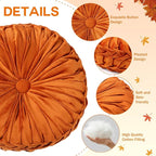 2 Pcs Round Throw Pillows 15 Inch Decorative Velvet Pleated Pumpkin Pillows Boho Floor Pillow with Center Button for Living Room Couch Chair Bed Sofa Home Decoration (Orange)