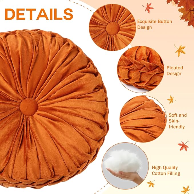 2 Pcs Round Throw Pillows 15 Inch Decorative Velvet Pleated Pumpkin Pillows Boho Floor Pillow with Center Button for Living Room Couch Chair Bed Sofa Home Decoration (Orange)