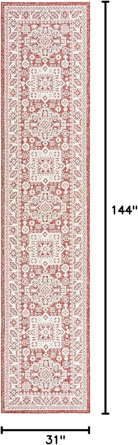 Rugs.com Outdoor Aztec Collection Rug – 12 Ft Runner Rust Red Flatweave Rug Perfect for Hallways, Entryways