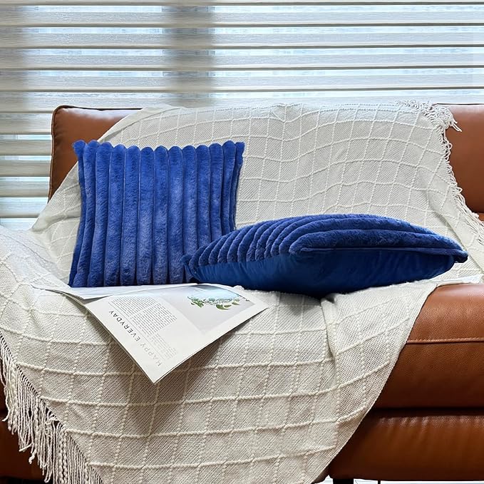 18x18 Throw Pillow Covers Set of 2, Decorative Faux Fur Covers for Bed, Couch Soft Fluffy Pillow Cover with Velvet Back for Living Room, Neutral Home Décor Accent for Sofa - Blue