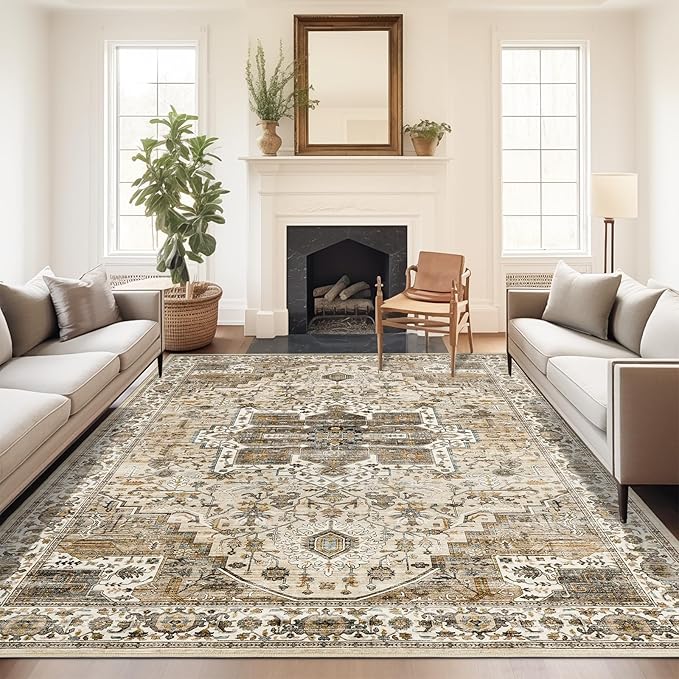 8x10 Area Rugs for Living Room, Vintage Washable Rug with Non-Slip Backing, Stain Resistant Large Area Rug for Dining Room, Soft Rugs for Bedroom (Beige/Brown, 8'x10')
